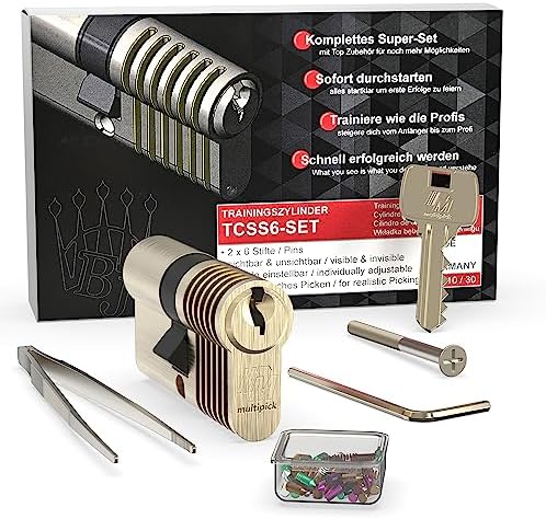 Multipick Trainingsschloss 6-Stift Profi Set mit 50-tlg. Pin Kit- Schwierigkeitsgrad variabel einstellbar – Perfekt für Dein Lockpicking Set - Dietrich Set mit Übungsschloss - Made in Germany