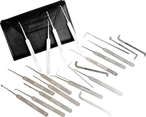 Slim-Lockpicking-Set (0,4mm & 23-tlg.) 1 Extraktor, 7 Spanner & 15 Lockpicks aus bestem Federstahl