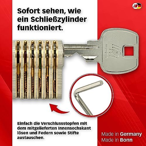 Multipick Trainingszylinder Bohrmulden Dimple Pin Profi Set 6-Stift Made in Germany inkl. 50-tlg. StiftSet Schwierigkeit einstellbar Perfekt für Dein Lockpicking Set Dietrich Set mit Übungsschloss