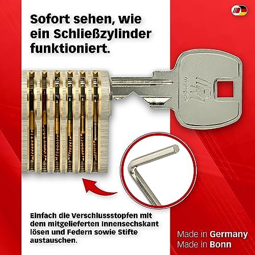 Multipick Trainingszylinder Bohrmulden Dimple Pin Profi Set 6-Stift Made in Germany inkl. 50-tlg. StiftSet Schwierigkeit einstellbar Perfekt für Dein Lockpicking Set Dietrich Set mit Übungsschloss