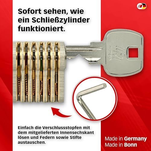 Multipick Trainingszylinder Bohrmulden Dimple Pin Profi Set 6-Stift Made in Germany inkl. 50-tlg. StiftSet Schwierigkeit einstellbar Perfekt für Dein Lockpicking Set Dietrich Set mit Übungsschloss