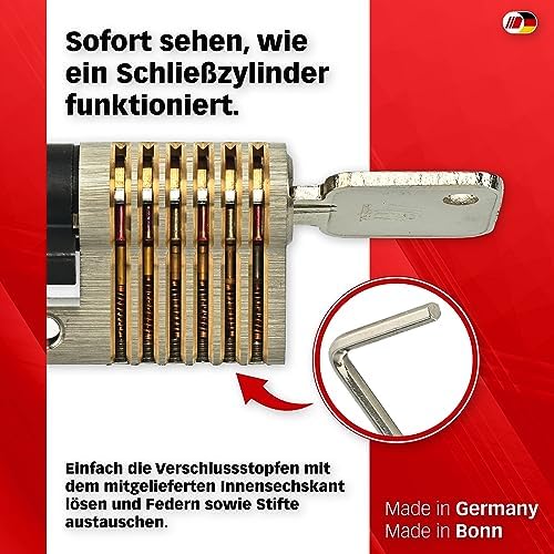 Multipick Trainingszylinder Bohrmulden Dimple Pin Profi Set 6-Stift Made in Germany inkl. 50-tlg. StiftSet Schwierigkeit einstellbar Perfekt für Dein Lockpicking Set Dietrich Set mit Übungsschloss